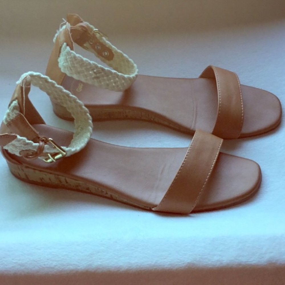 Tan sandals with braided ankle strap